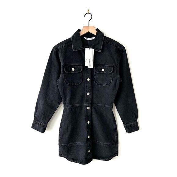 ZARA Long Sleeve Button Front Denim Mini Dress Black Size XS NWT - Picture 8 of 9